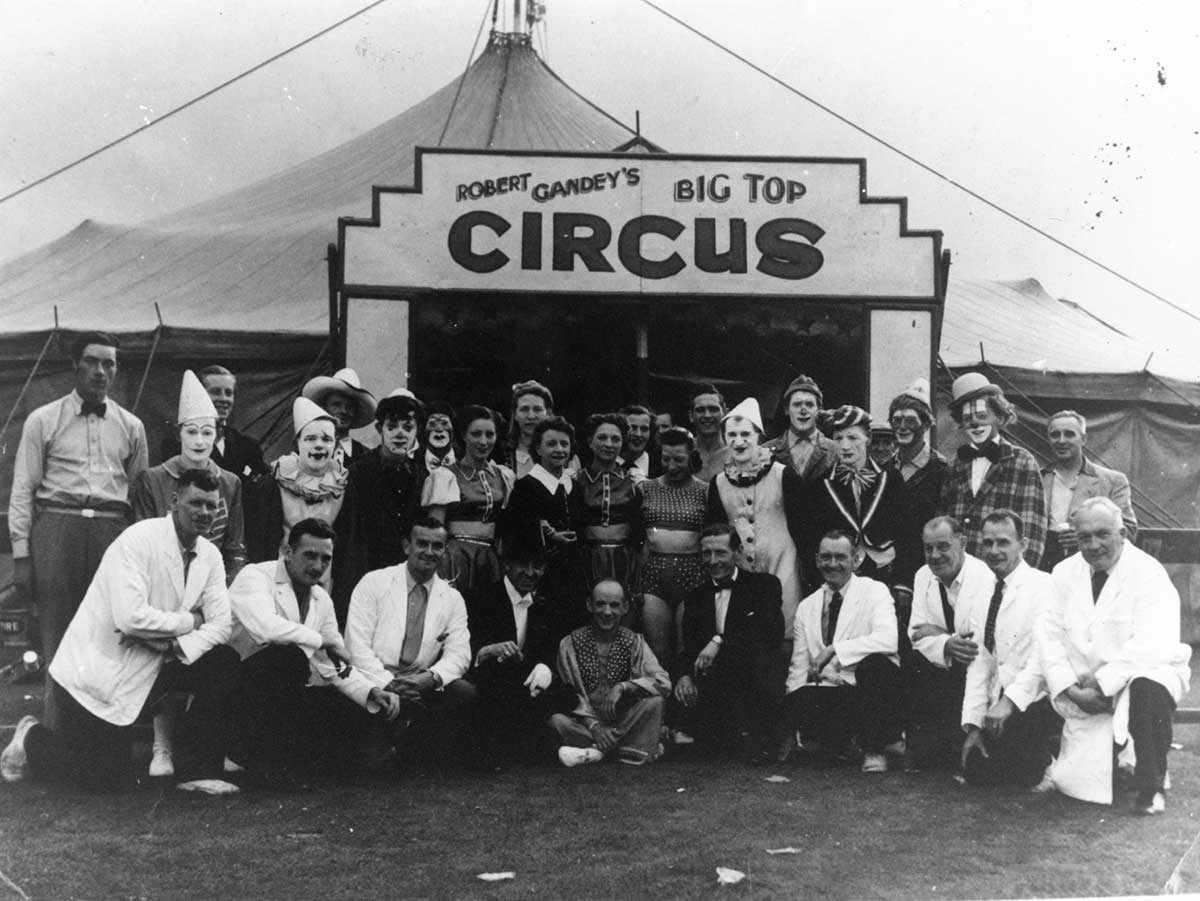 Bob Gandey's Circus artistes in front of the show, With Norman Barrett and Fred Van Buren Yoxani.